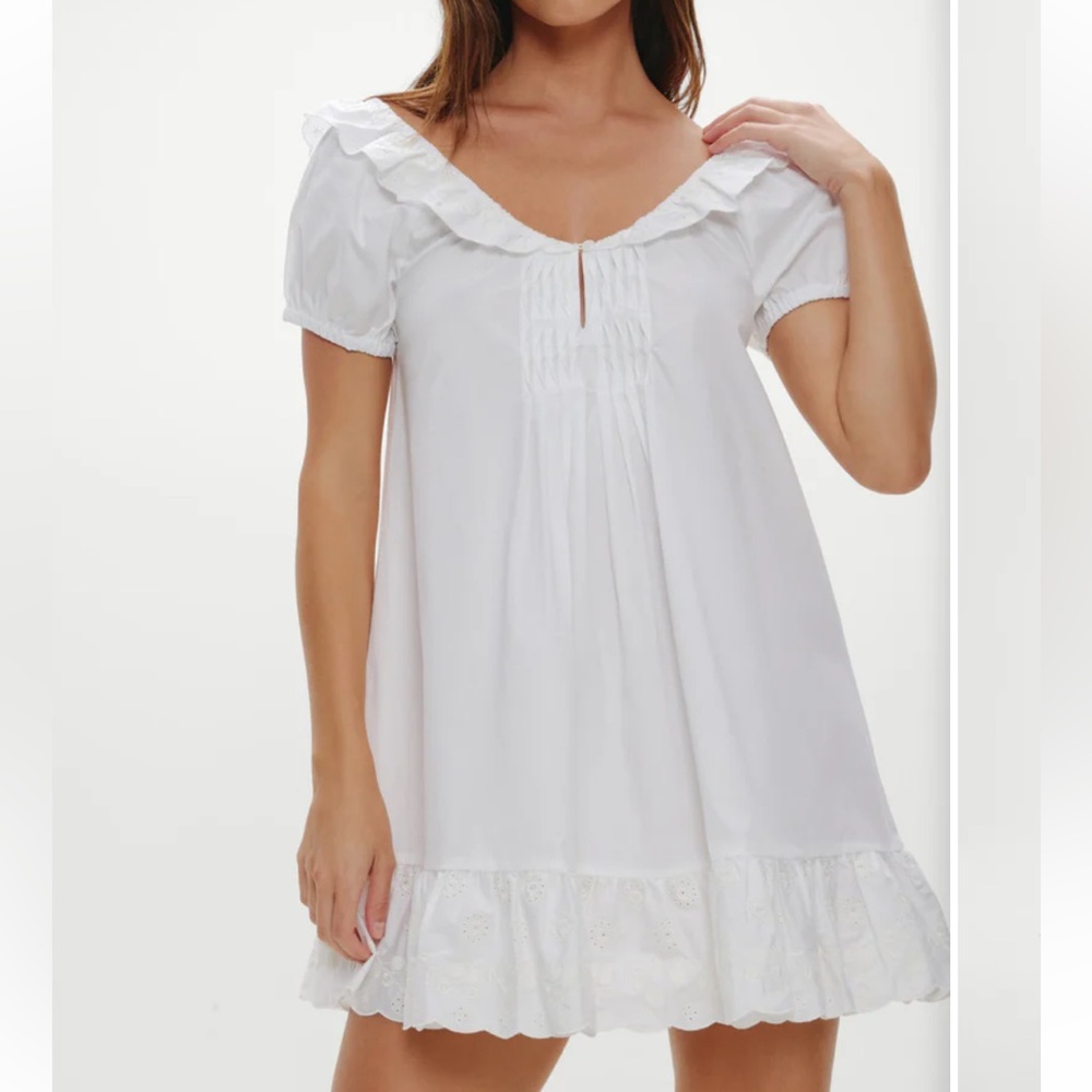 Frankies Bikinis Sunday Morning White Cotton Babydoll Mini Dress, NWT, Large